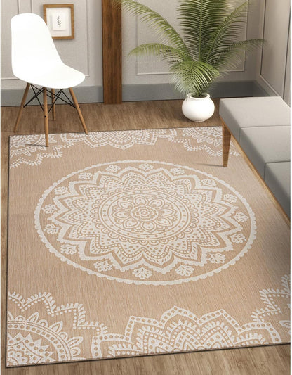 CAMILSON Outdoor Rug 6x9 Modern Area Rugs for Indoor and Outdoor Patios and Porches - Waterproof, Washable, Non-Shedding, Easy-to-Clean Outside Carpet (6 x 9, Medallion - Beige/White)