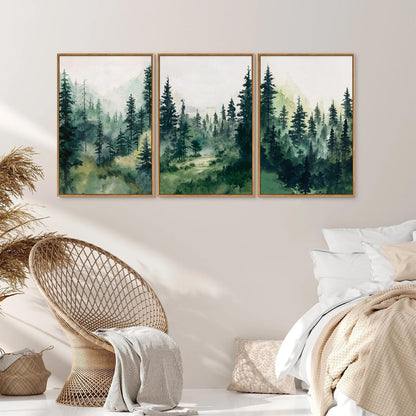 Tinonedraw Misty Forest Framed Canvas Wall Art Set, Modern Pine Trees Wall Painting, Watercolor Nature Foggy Landscape Wall Decor, Neutral Mountain ArtWork for Bedroom Living Room and Office 24"x36"x3