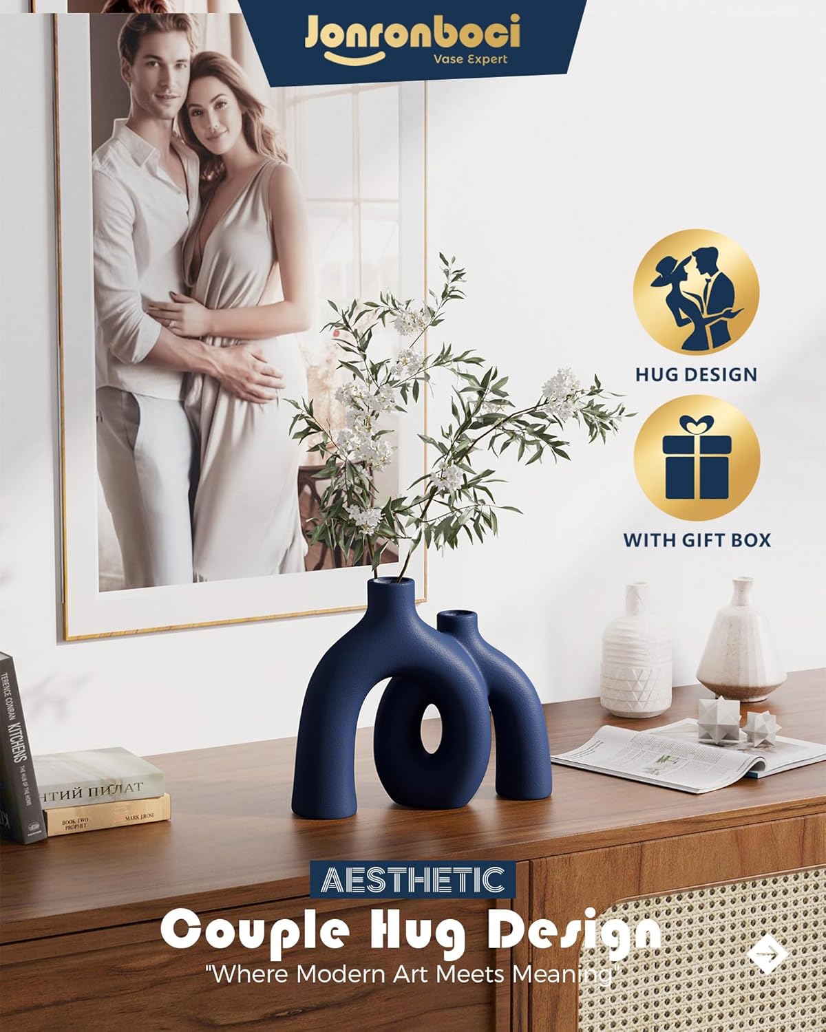 Matte Blue Vase Set - Hug Hollow Donut Aesthetic Ceramic Vases Home Decor, Navy Blue Decor Modern Coastal Decorative Vase for Table Centerpiece Bookshelf Office Entryway Console Fireplace (Navy Blue)