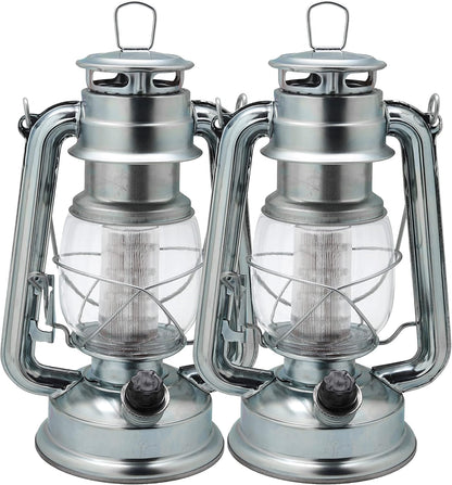 YAKii LED Vintage Lantern Metal Hanging Hurricane 12 LED Dimmer Switch Cold White Battery Operated Power Outage Indoor Camping Lighting Outdoor Brooklyn (Silver 2 Pack)