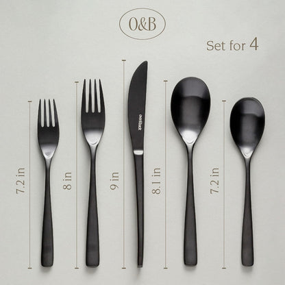 over&back 20pc Curved Flatware Cutlery Set - Comes with 4 Dinner Forks, 4 Salad Forks, 4 Dinner Knives, 4 Dinner Spoons, and 4 Teaspoons - 18/8 Stainless Steel - Dishwasher-Safe - Matte Black