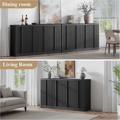 Fluted Buffet Cabinet with Storage, 120" Sideboard Buffet Storage Cabinet with 8 Doors & Adjustable Shelves, Coffee Bar Wood Credenza Cabinet for Kitchen, Dining Room, Living Room, Black(2PCS)