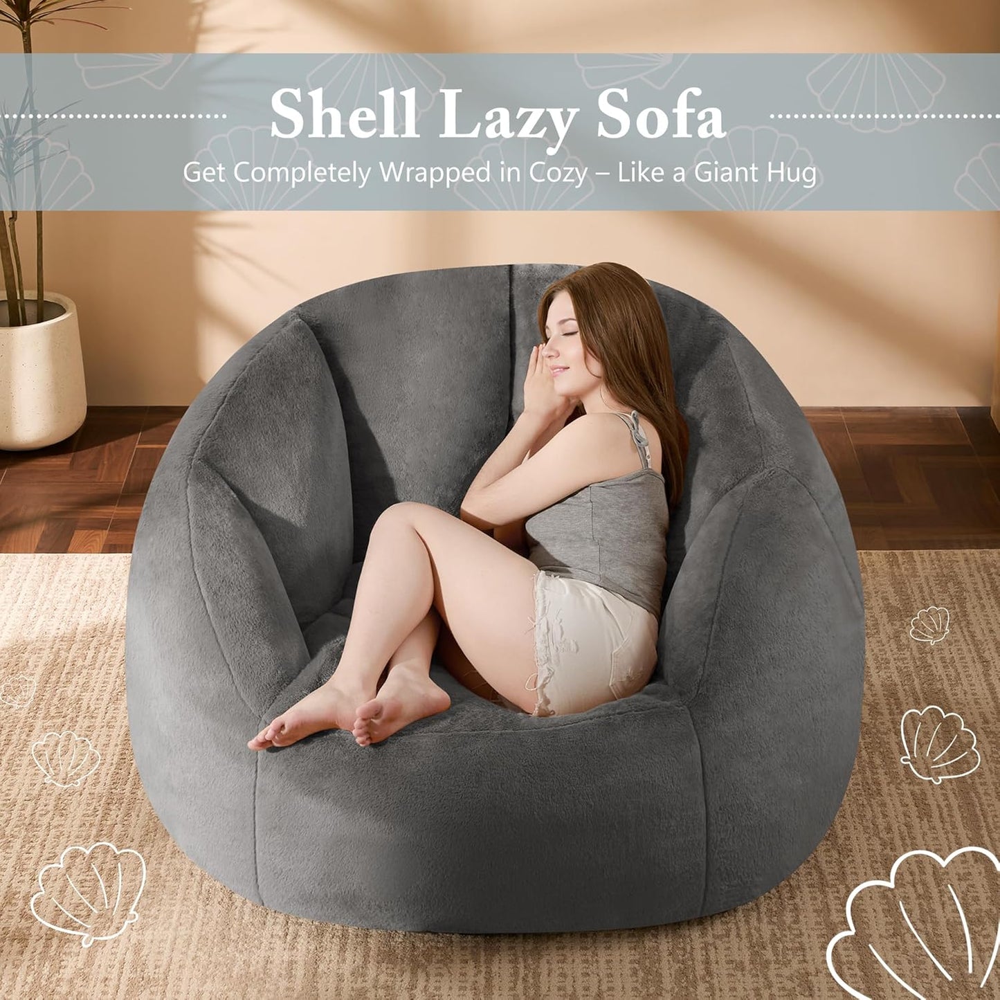 Giant Bean Bag Swivel Chair for Adults - Comfy Plush Round Shell Soft Accent Chaise Lounge Indoor Reading Chair, Oversized Cozy Floor Sofa for Living Room, Bedroom & Game Rooms, Dorm, Gray