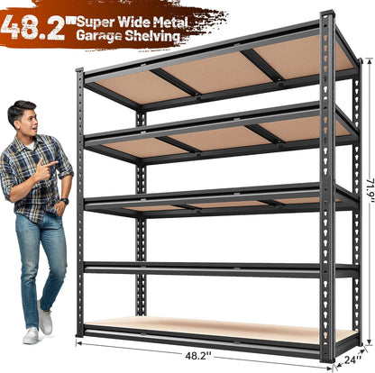 REIBII 48.2" W Garage Shelving, Storage Shelves Load 3000LBS, Adjustable Garage Shelving Heavy Duty for Pantry, Basement, Warehouse, 48.2" W X 71.9" H X 24" D, Black