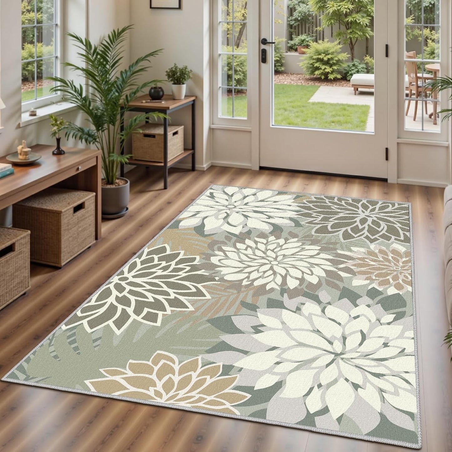 Area Rug 3x5 Brown White Washable Entry Rug Multicolored Tropical Botanical Modern Floral Indoor Kitchen Door Mat Entrance Carpet Non Slip for Bedroom Living Room, Porch
