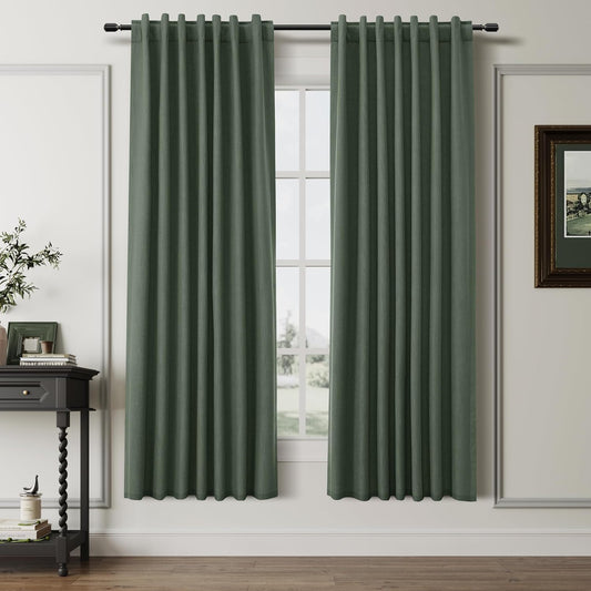 BOODII Linen Blackout Curtains for Bedroom 72 Inch Length 2 Panels Set Room Darkening Curtains Olive Green Black Out Curtain Elegant Thermal Insulated Living Room Window Drapes Back Tab Loden 52x72