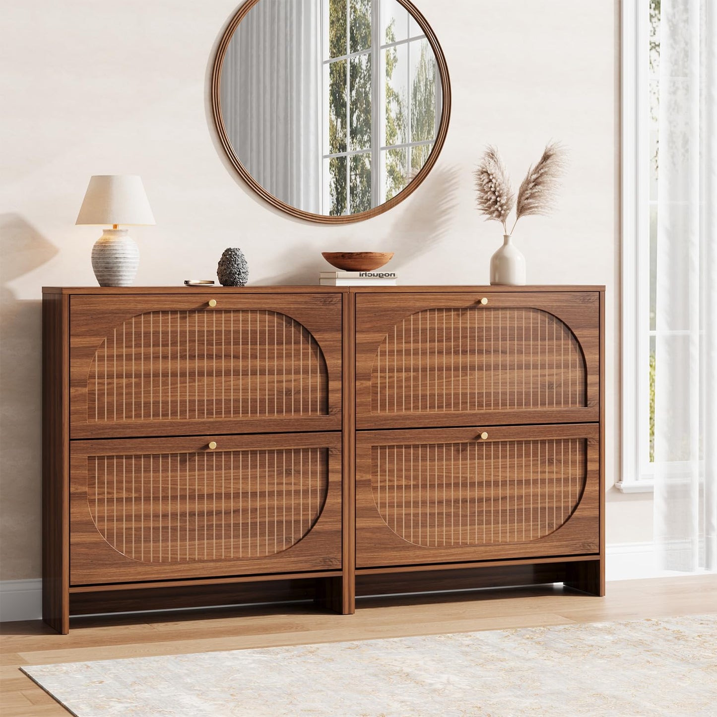 Nicetree Arch-Chic Shoe Cabinet for Entryway, Modern Mid-Century Shoe Storage Cabinet with Fluted