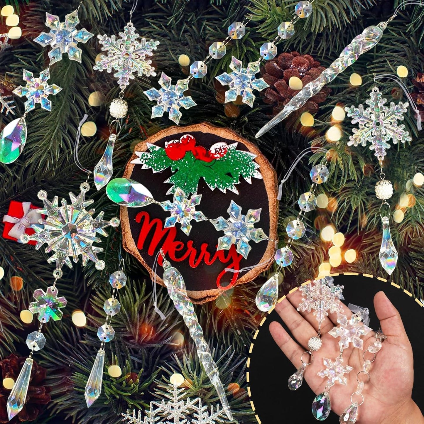 48pcs Christmas Crystal Ornaments for Tree - Iridescent Christmas Tree Ornaments Acrylic Snowflakes Drop Icicle Pendants Hanging Ornaments for Xmas Trees Winter Holiday Frozen Party Decorations
