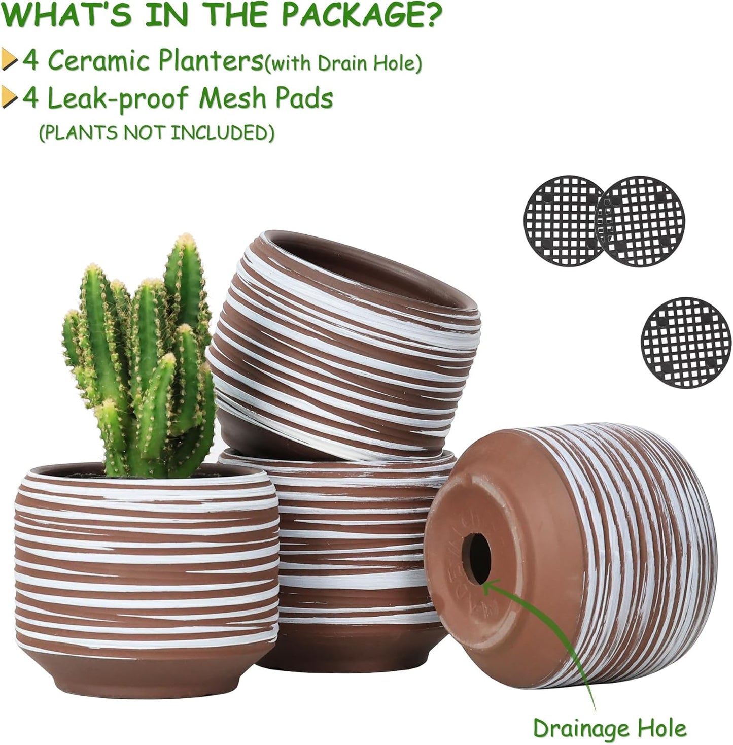 Mini Succulent Planter Set – 3.7 Inch Ceramic Pots with Drainage for Indoor Plants, Small Decorative Flower Pots for Cactus and House Plants, Set of 4