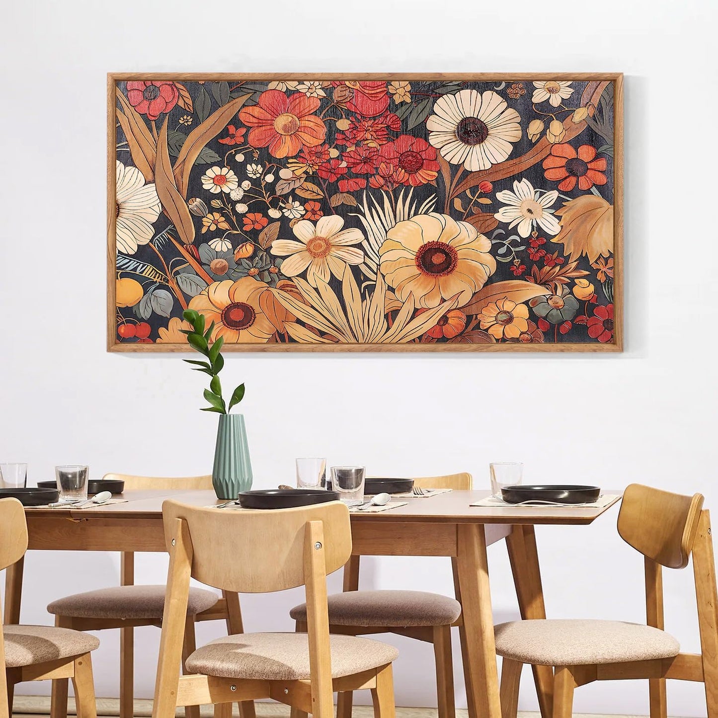 Aurlan Boho Burnt Orange Terracotta Wildflowers Framed Wall Art(40"x20"), Abstract Floral 3D Textured Canvas Artwork, Large Modern Vintage Botanical Nature Art Wall Decor for Home Office Living Room Bedroom