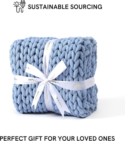 YnM Chunky Throw Blanket, Medium-Weight, Hand Knitted, Skin Friendly, Ventilated and Breathable, Machine Washable, Home Décor Piece for Couch, Sofa and Bed (Cerulean Blue, 50x70 Inch)