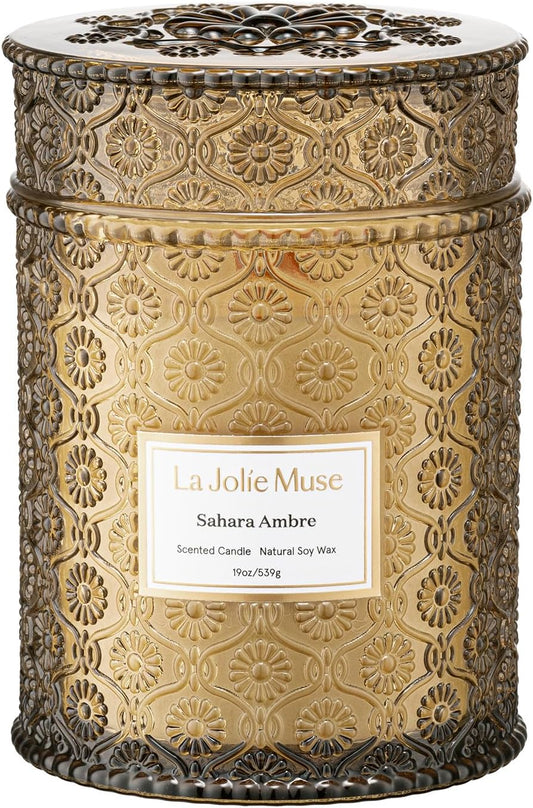 LA JOLIE MUSE Fall Candle | Sahara Amber Candle – Bergamot, Clove & Amber | 19 oz Wooden Wick |