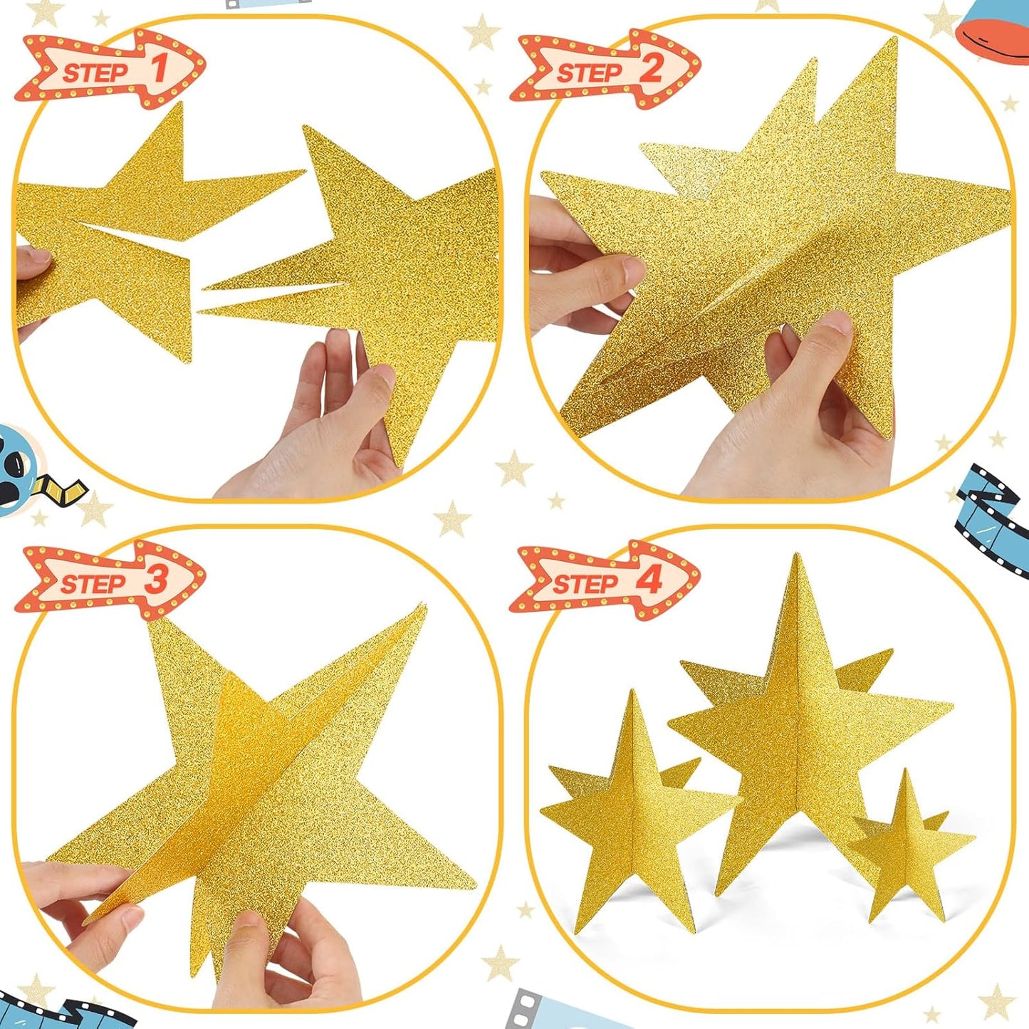 45 Pcs 3D Star Centerpieces Movie Night Decorations for Table in 3 Sizes Hanging Supplies for Red Carpet Film Show Theme Birthday New Year Party First Day of School Table Decor(Gold)