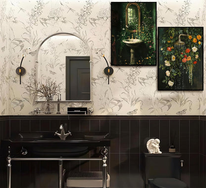 3Pcs Vintage Dark Green Bathroom Wall Art Shower Toilet Paper Roll Floral Poster Print Modern Farmhouse plants Painting Picture Wall Decor For Bathroom Living Room Decoration Unframed