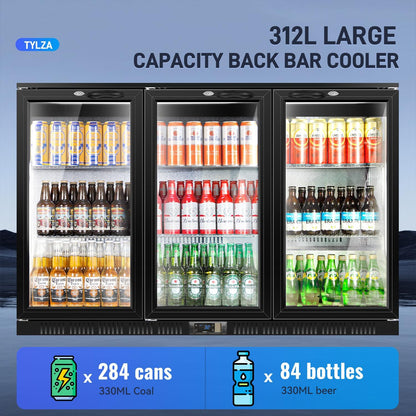 Tylza Back Bar Cooler With 3 Glass Doors, 312L Under Counter Back Bar Refrigerator with LED Lighting, Safety Locks, Counter Height Bar Beverage Cooler for Beer, Soda Drinks, Wine, Black