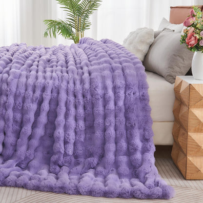 Lotus Karen Faux Fur Throw Blanket Purple - Big Bubble Rabbit Fluff King Blankets for The Bed,Softest Fluffy Fuzzy Cozy Blanket,Thick Furry Plush Shaggy Warm Blankets for Women,108x90 Inches