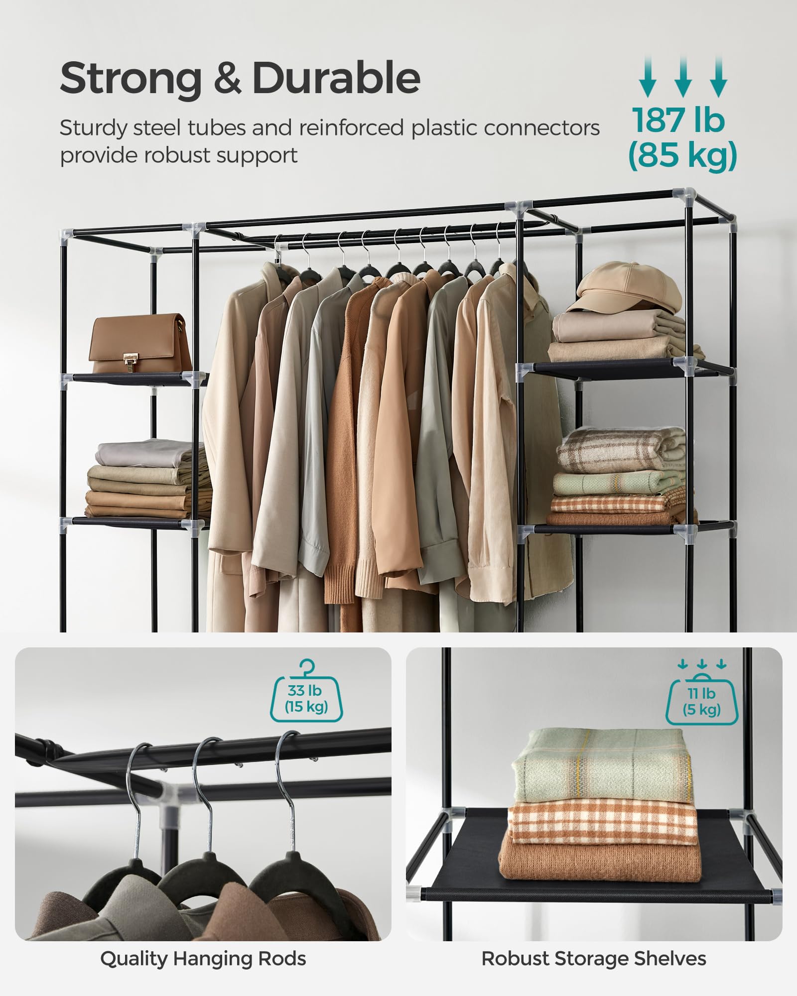 SONGMICS Closet Wardrobe, Portable Closet for Bedroom, Clothes Rail with Non-Woven Fabric Cover