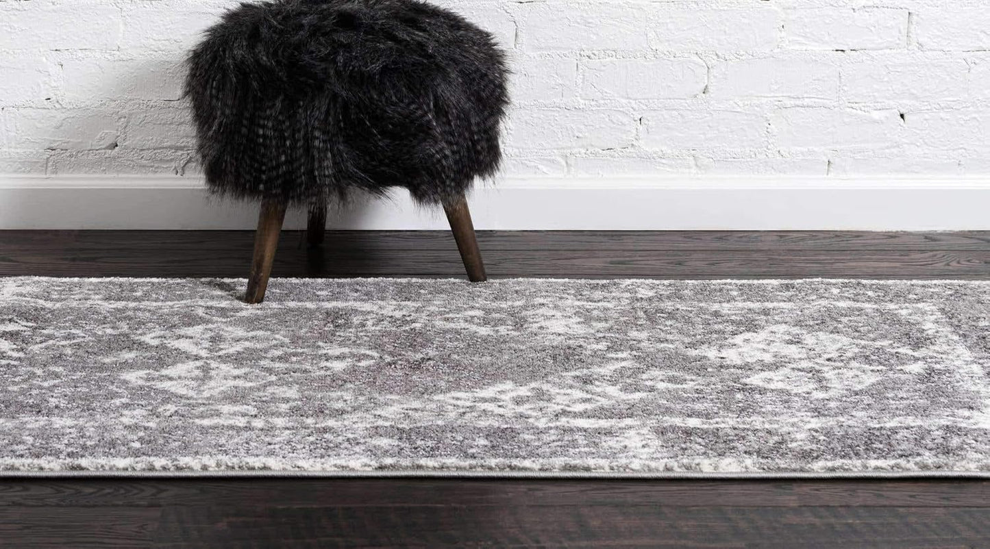 Unique Loom Rosso Collection Vintage, Traditional, Bohemian, Geometric, Distressed, Southwestern Area Rug (2' 7 x 10' 0 Runner, Gray/Ivory)