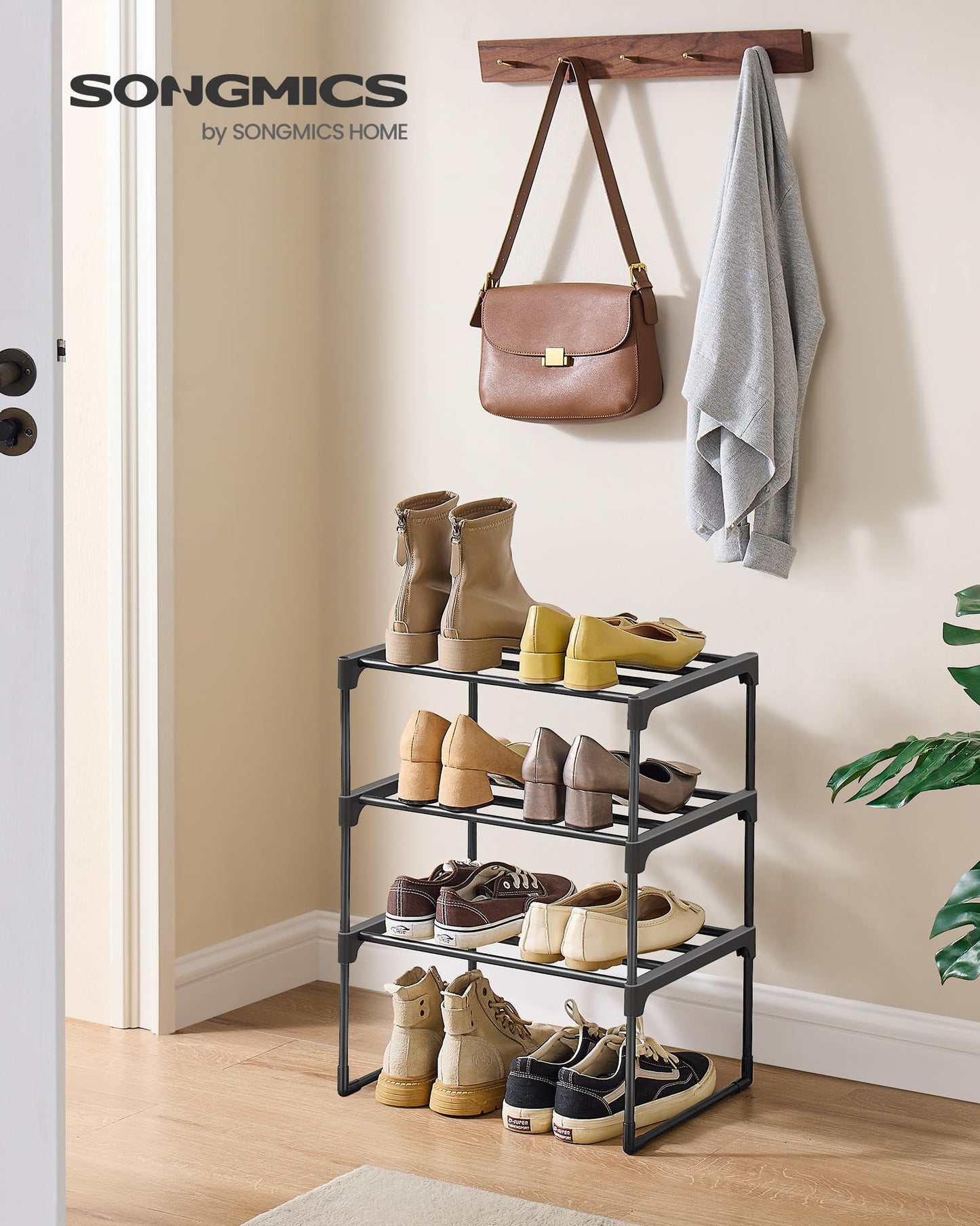 SONGMICS Shoe Rack, 3-Tier Shoe Organizer, Metal Storage Shelf, Upright or Upside Down, for 4-8