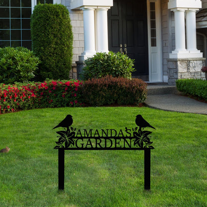 Personalized Metal Garden Name Sign with Flowers and Birds, Custom Yard Sign with Stake