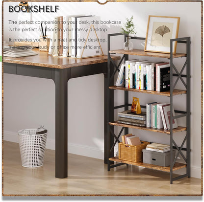4NM 4 Tiers No Assembly Book Shelves, 41.3" H Folding Bookshelf Bookcase Open Industrial Foldable Shelves for Bedroom, Living Room, Home Office - Rustic Brown Black