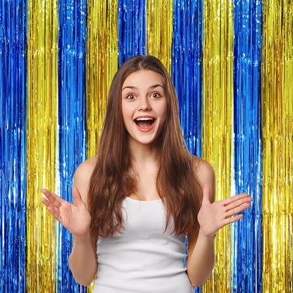 3 Pack 3.3 x 8.2 ft Blue Gold Foil Fringe Backdrop Curtains, Tinsel Streamers Party Decorations, Fringe Backdrop, Door Shimmer for Father's Day Graduation or Birthday Party