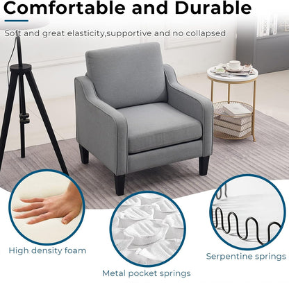 VINGLI Mid Century Modern Accent Chair, Light Grey Fabric Accent Chairs for Living Room Upholstered Armchair with Scooped Arms for Bedroom, Apartment, Studio, Office, Waiting Room