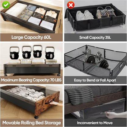 Wooden Under Bed Storage with Wheels, Rolling Under the Bed Storage Bins with Removable Lid, Metal Under Bed Drawers for Clothes and Shoes in Bedroom or Living Room(Vintage Brown-2pack)