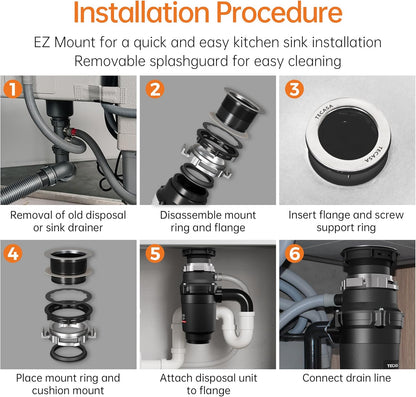 1/2 HP Garbage Disposals, TECASA Continuous Feed, Stainless Steel Food Waste Grinding System for Kitchen Sink Food Waste, Power Cord Included, Black - HyperCrush 50