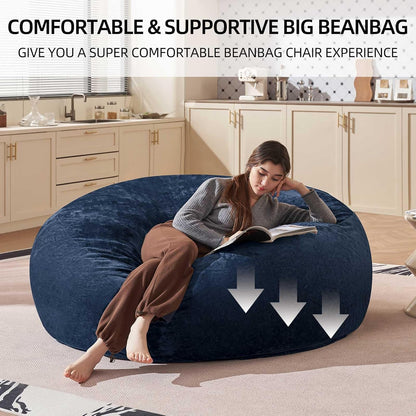 Bean Bag Chair 6Ft, Memory Foam Filled, Large Beanbag Chairs for Adults and Teens, Soft Sofa with Removable Flannel Cover, Round Couch for Living Room Bedroom College Dorm (Blue, 6FT-67×67"×24")