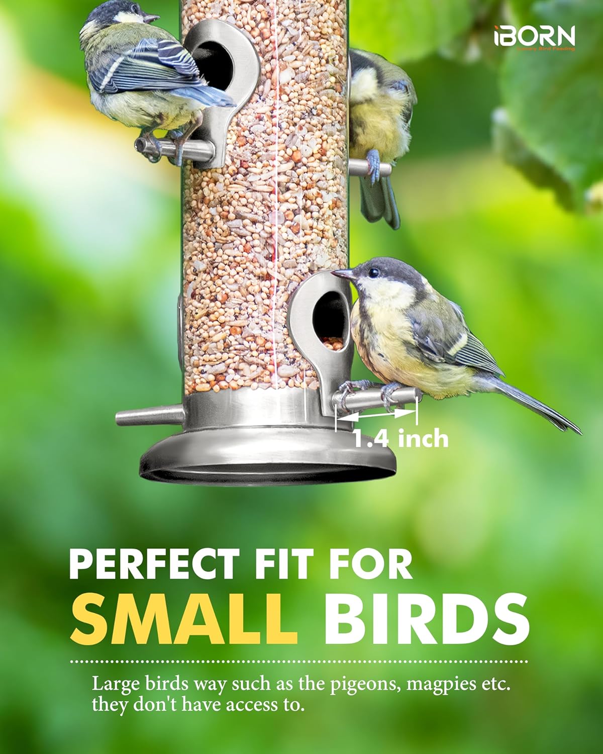 iBorn Metal Bird Feeders 6 Ports Hanging Wild Bird Seed Feeder for Mix Seed Blends, Niger Seed Feeder, Sunflower Heart, Birdbath, Heavy Duty All Metal Nickle Finishing 14 Inch 6Port