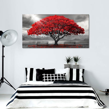 AJAZIKO Red Wall Art - Modern Framed Wall Art for Living Room - Red Tree Black and White Landscape Canvas Prints Posters & Prints for Home Office Bedroom Decorations - Large Wall Pictures 24×48IN