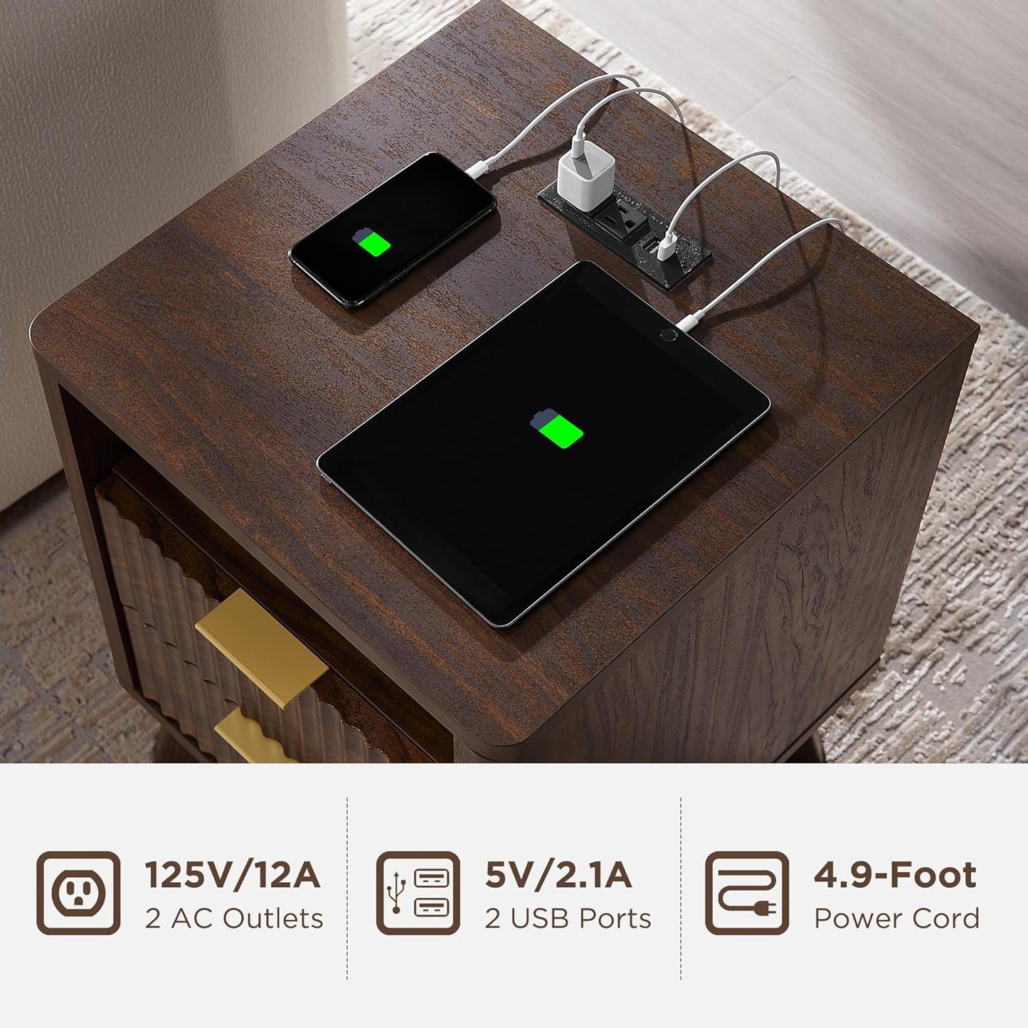 T4TREAM Fluted Nightstand Set of 2 with Charging Station, 18" Modern Side Table, 2 Drawers End Table with Storage, Bedside for Bedroom, Living Room, Curved Profile Design, Dark Walnut