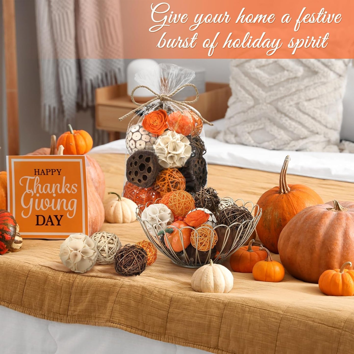 Riceshoot 2 Pack Decorative Balls Potpourri Bowl Filler Decor Natural Vase Bowl Filler Assorted Spherical Rattan Twigs Wicker Balls Cotton for Home Centerpiece(Orange)