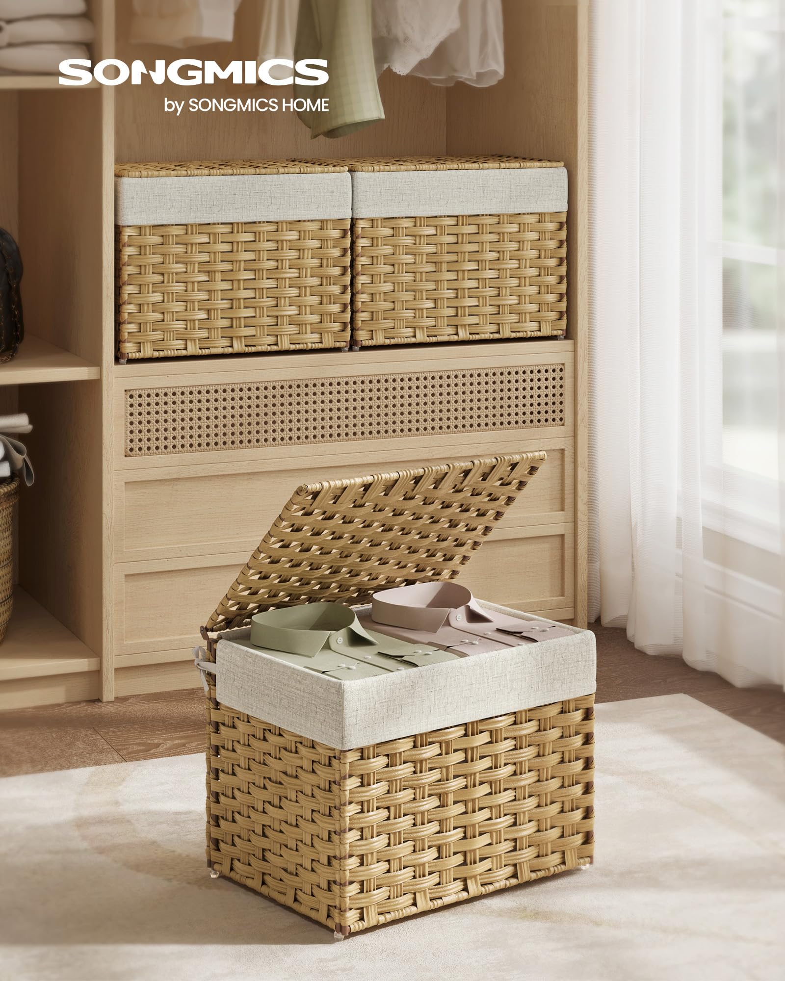 SONGMICS Storage Basket with Lid, Woven Blanket Storage Bin with Handles, Foldable, Removable