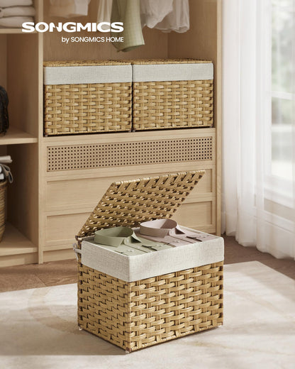 SONGMICS Storage Basket with Lid, Woven Blanket Storage Bin with Handles, Foldable, Removable