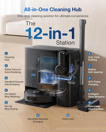 ECOVACS DEEBOT T30S Combo Complete Robot Vacuum and Mop, 11000Pa, ZeroTangle Technology, TruEdge Adaptive Edge Mopping, Hot Water Mop Washing, Self-Emptying, Self Refilling, Auto-Mop Lifting