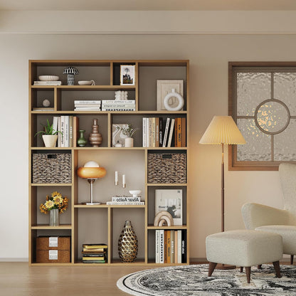 71" Tall 6-Tier Heavy Duty Bookcase with 2 Foldable Storage Baskets, 55" Wide Open Bookshelf with 16 Irregular Cubes for Living Room, Office （Yellow）