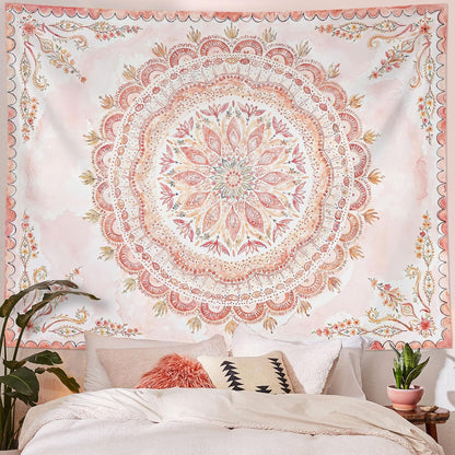Fowocu Boho Floral Mandala Tapestry Wall Hanging Pink Bohemian Flower Medallion Tapestry Aesthetic Watercolor Hippie Indian Extra Large Tapestries for Bedroom Living Room Dorm Decor 90 x 68 Inch