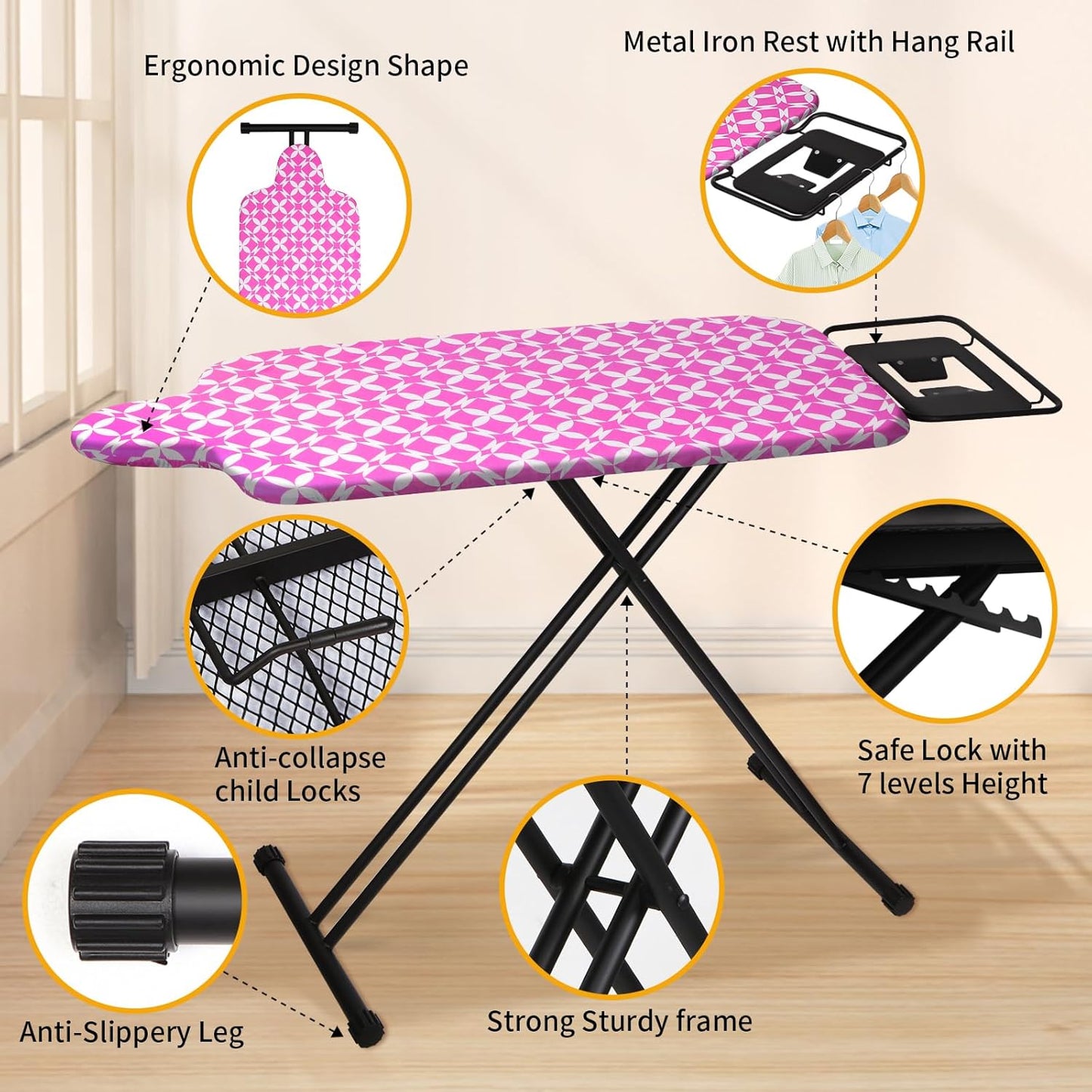 Extra Large Ironing Board with Hang Rail and Iron Rest 63" L x 20" W (Large with Iron Rest (Pink Cover))