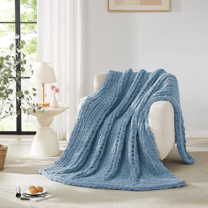 L'AGRATY Chunky Knit Blanket Throw: 80''x90'' Chenille Chunky Knitted Throw Blankets for Bed Couch - Handmade Thick Big Cable Knit Blanket - Large Crochet Rope Blankets for Home Decor(Airy Blue)