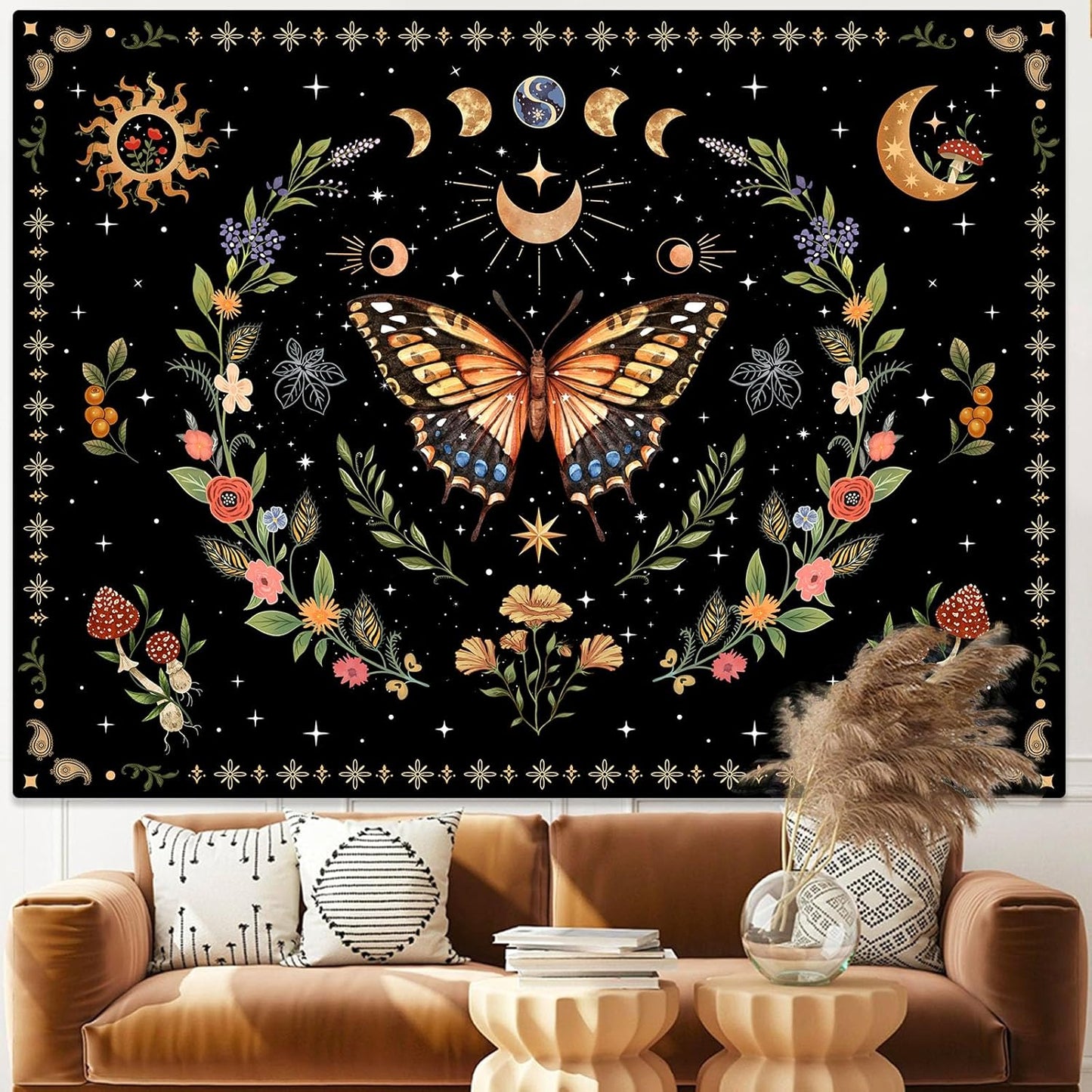 Lunerfex Boho Butterfly Tapestry Flower Moon Wall Tapestry, Moon Phases Tapestries for Bedroom Cute Tapestries Wall Hanging for Bedroom Living Room Decor Butterfly-1 44"x60"