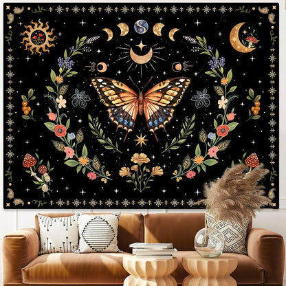 Lunerfex Boho Butterfly Tapestry Flower Moon Wall Tapestry, Moon Phases Tapestries for Bedroom Cute Tapestries Wall Hanging for Bedroom Living Room Decor Butterfly-1 70"x90"