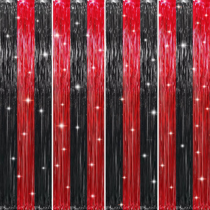 GOER 3.2 ft x8.2 ft Metallic Tinsel Foil Fringe Curtains Party Photo Backdrop Party Streamers for Birthday,Graduation,New Year Eve Decorations Wedding Decor (4 Pcs,Black&Red)