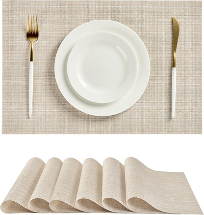 Leetaltree Beige Placemats Set of 6 - Heat Resistant Non-Slip Place mats for Dining Table, Washable Durable PVC Vinyl Woven Table Mats（Beige, 6）