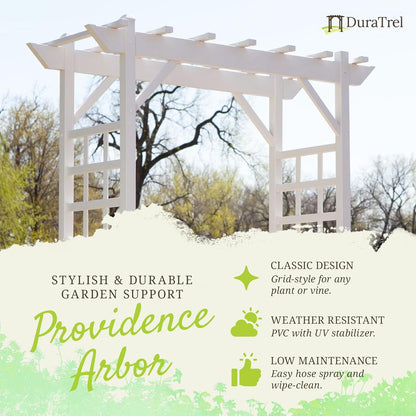 Dura-Trel Providence Arbor, Vinyl Garden Archway for Outdoors, 64" x 85", White - Backyard Decorative Arch for Pathways and Entrances with Trellis Sides for Climbing Plants, Vines & Flowers