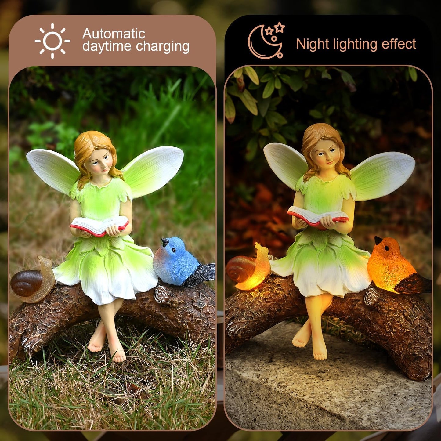 Garden Flower Fairy Statue Decor-Solar Outdoor Fairy Statues-Garden Fairy Outdoor Snail,Bird Figurines Decoration for Outside Patio Lawn Yard,Fairies Ornaments Gifts,Tall 8.4 Inches