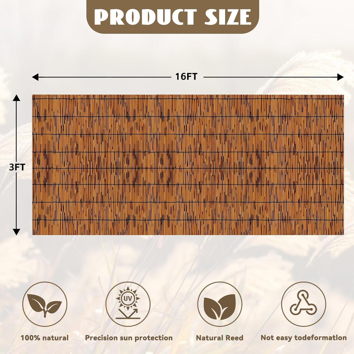 Bamboo Reed Fencing, Light Russet Bamboo Fence Rolls 3 Feet High, Decorative Reed Curtains Privacy Screen Outdoor for Patio Balcony Garden Backyard, 3 x 16 FT