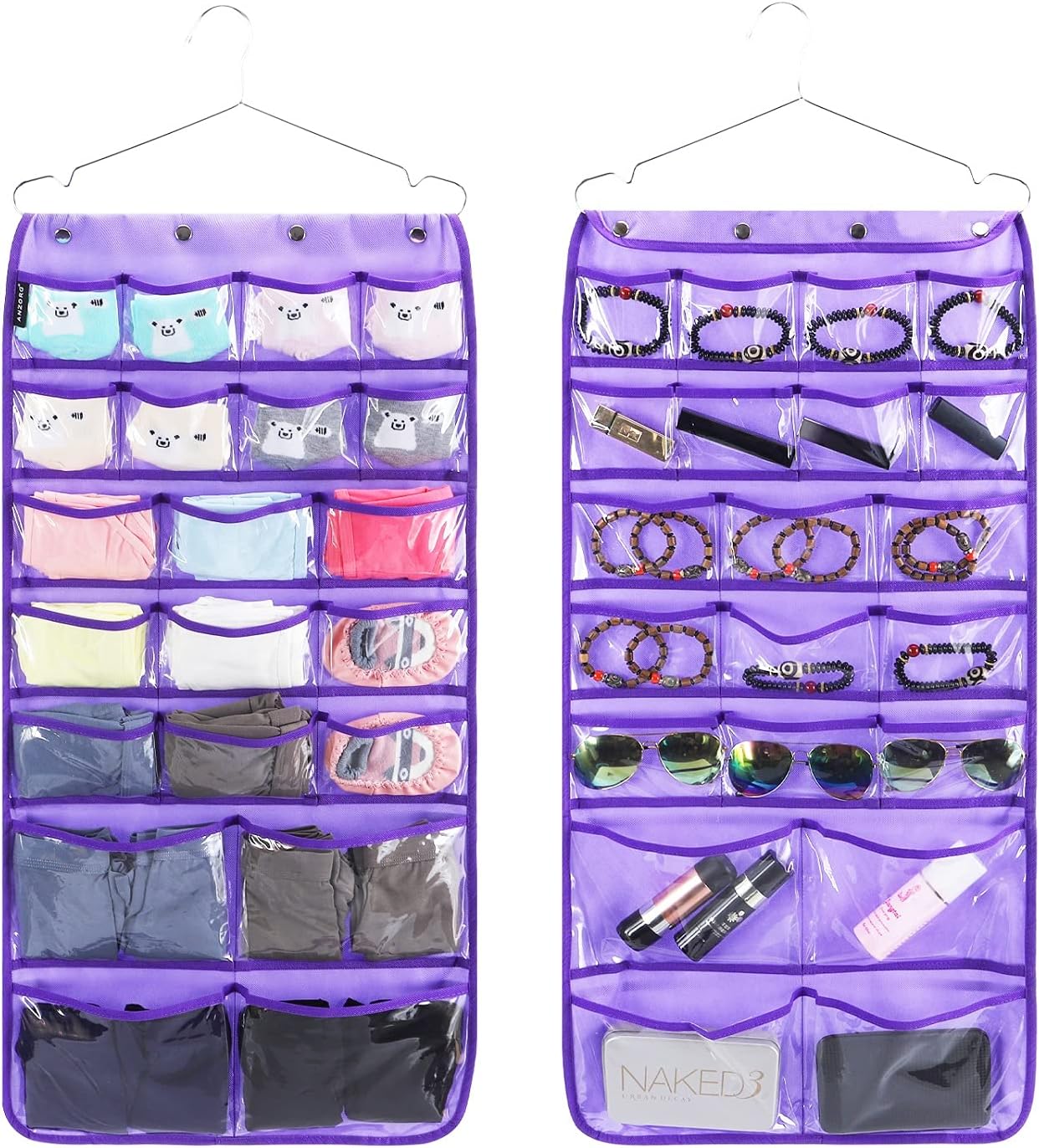 Dual Sided Hanging Organizer for Jewelry Makeup Storage Closet Organizers for Bows Socks Underwear with 42 Clear Pockets (PURPLE)