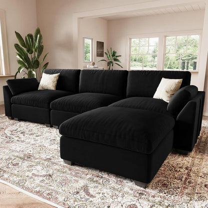 Belffin Extra Large Modular Sectional Sofa,106.3" 4-Seater L Shaped Couch,Velvet Convertible Sectional Couches for Living Room,Comfy Upholstered Modern Cloud Couch,Black Sofa